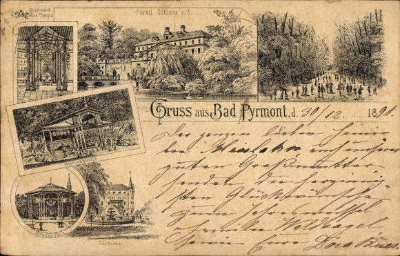 Precursor Chromo-Litho Bad Pyrmont in Lower Saxony, Princely Palace, Helenequelle, fountain temple, fountain
