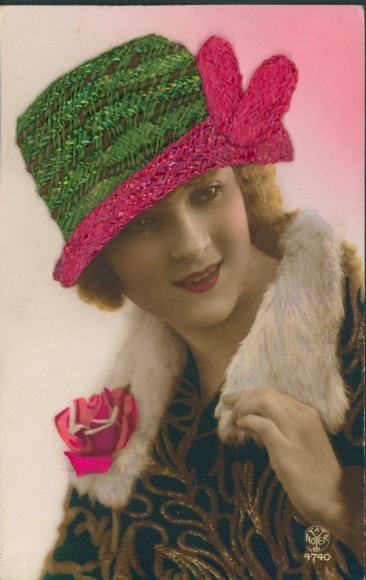 Fabric Postcard portrait of a Woman, Hat, Rose, Coat