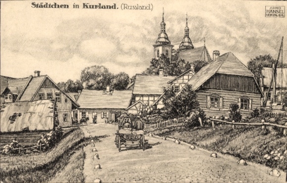 Artist PC Hänsel, Arno, Courland Russia, village street, church