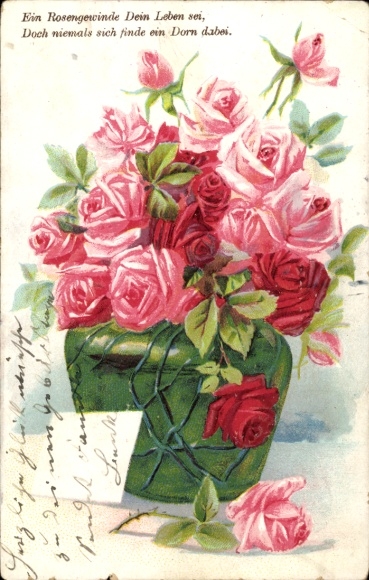 Postcard Roses, a garland of roses may your life be, but never may a thorn be found in it