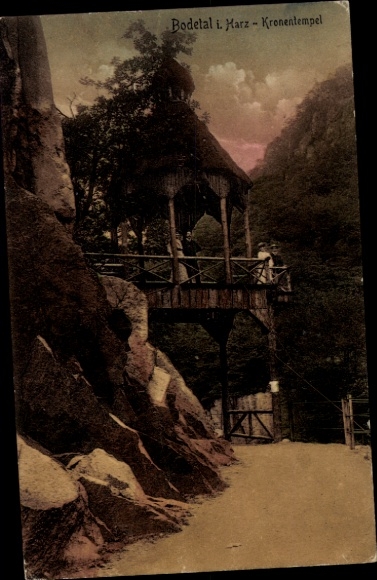 Ak Thale im Harz, Bodetal, Kronentempel, Felsen, Bäume, Weg, 