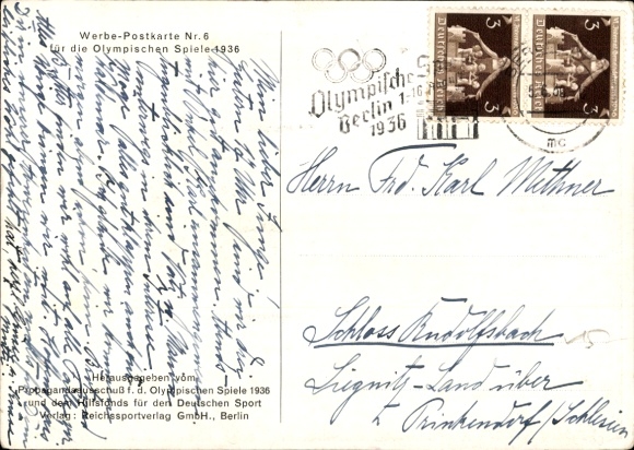 Maps Artist Postcard Dreher, Schicker, torch relay race, Olympics 1936, route torch runners