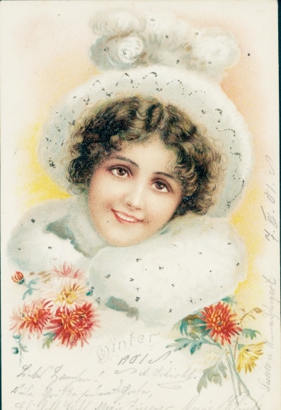 Glitter litho winter, woman portrait, fur hat and collar