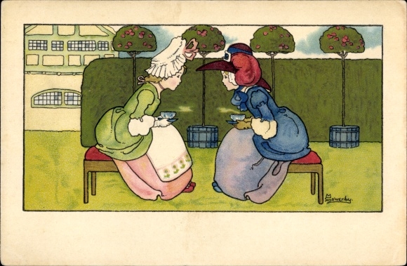 Artist PC Sowerby, M., meisjes die thee drinken