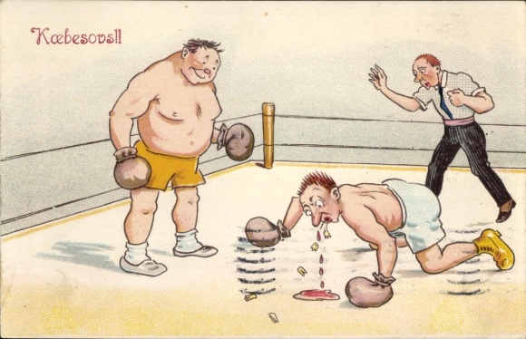 Postcard boxing ring, bloody fight, humor