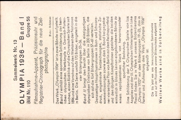 Collective picture Olympia 1936, film recording apparatus, precision watch, registration chronograph, target photography