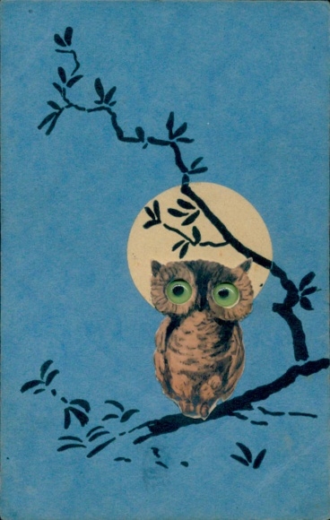 Wobbly eyes Postcard owl on tree, moon