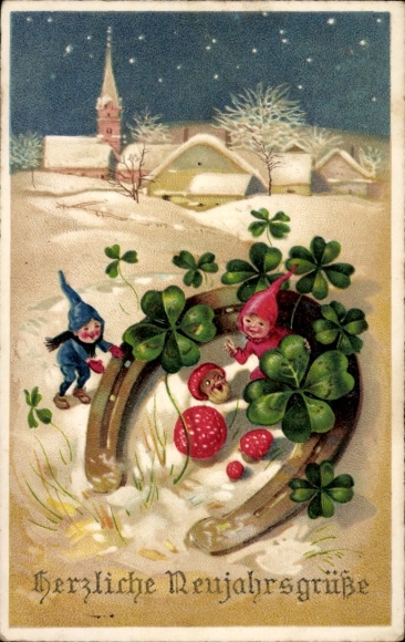 Happy New Year, dwarves, horseshoes, clovers, humanized toadstool