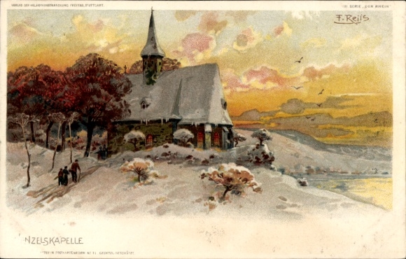 Artist Chromo-Litho Reiss, Fritz, Praha Prague, Wenceslas Chapel, snow landscape, dusk