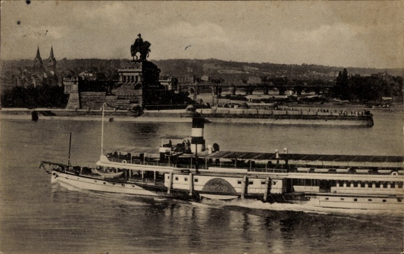 Ak Koblenz am Rhein, Kaiser Wilhelm Denkmal am Deutschen Eck, Dampfschiff