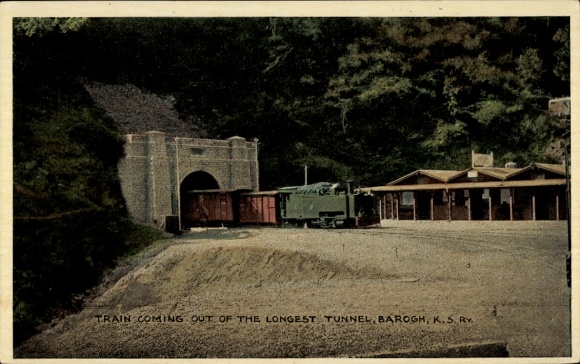 Postcard Barogh India, KS Railway, train exiting the longest tunnel