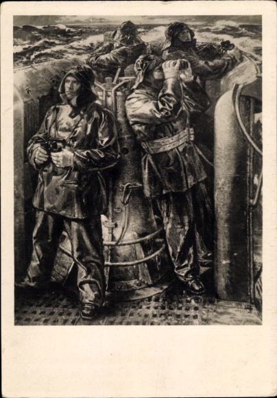 Artist Postcard Schreiber, Richard, Against Engeland, German submarine crew, command post