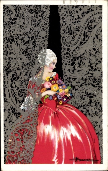 Artist Postcard Busi, Adolfo, Woman in red dress with bouquet of flowers