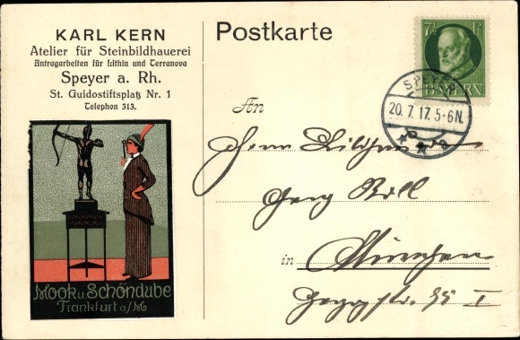 Postcard Speyer am Rhein, studio for stone sculpture, St. Guidostiftsplatz 1, Karl Kern