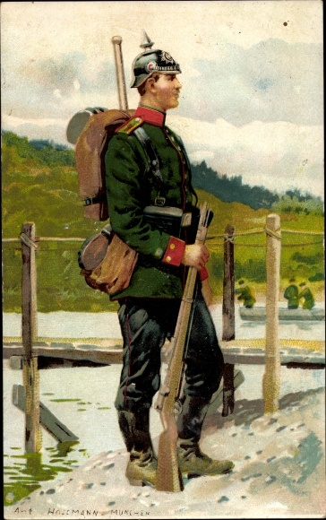 Kunstenaar Litho Hoffmann, A., Duitse soldaat, infanterie, geweer, rugzak, punthelm