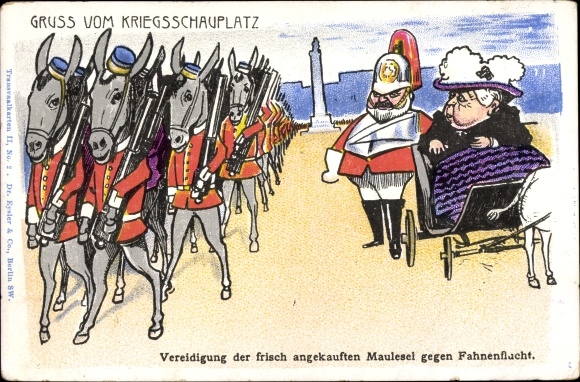 Ak Gruß vom Kriegsschauplatz, Vereidigung der Maulesel gegen Fahnenflucht, Königin Victoria