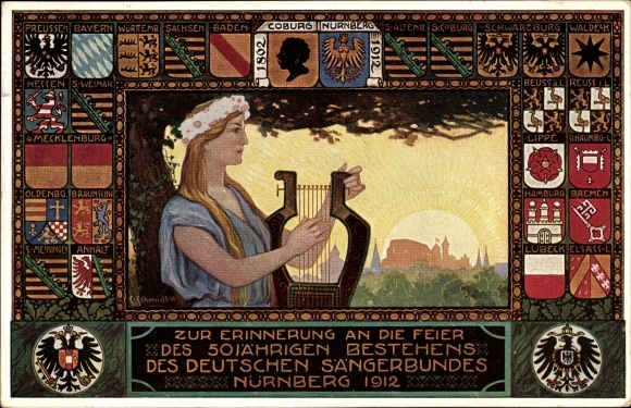 Coat of arms artist PC Schmidt, C., Nuremberg, 50th anniversary of the German Singers&#39; Association 1912, Singers&#39; Association Festival