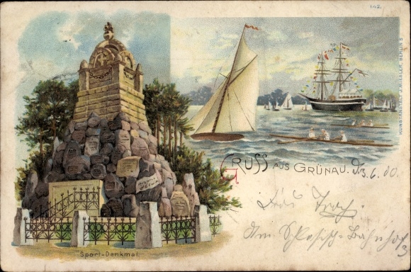 Litho Berlin Grünau, Sport Denkmal, Segelboot, Ruderboote