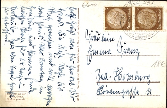 Postcard Saarbrücken, Goldene Bremm, German-French border, barrier, Spicherer Höhe, monument