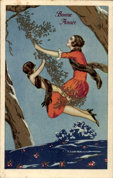 Artist Postcard Corbella, T., Mother swinging with child, Happy New Year