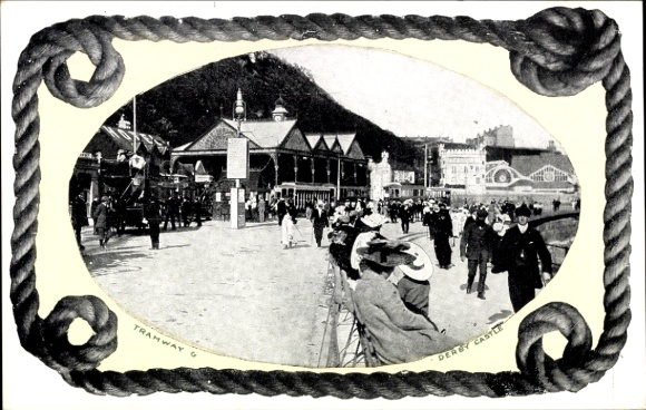 Postcard Douglas Isle of Man, Derby Castle Station, Tramway