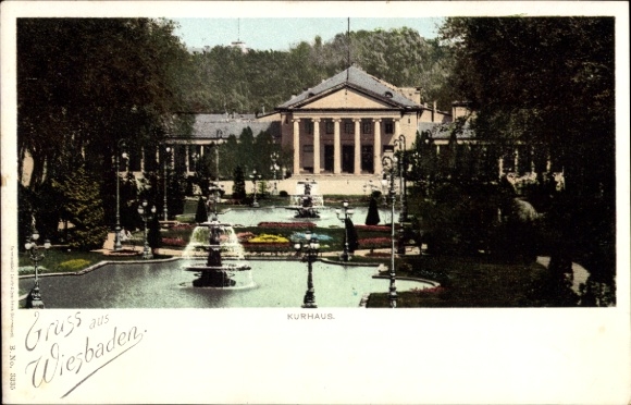 Ak Wiesbaden in Hessen, Kurhaus in  Brunnen, Gartenanlage, 
