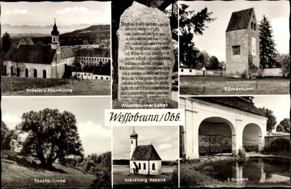 Postcard Wessobrunn Upper Bavaria, monastery, parish church, Roman tower, Tassilo Linde