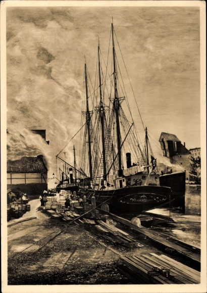 Artist PC Oeststreicher, Oscar, Gdańsk Danzig, harbor section, steamer, HDK 418