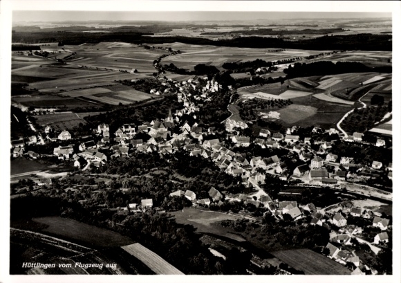 Postcard Hüttlingen in Württemberg, black and white photography, aerial photograph of rural landscape, Hä