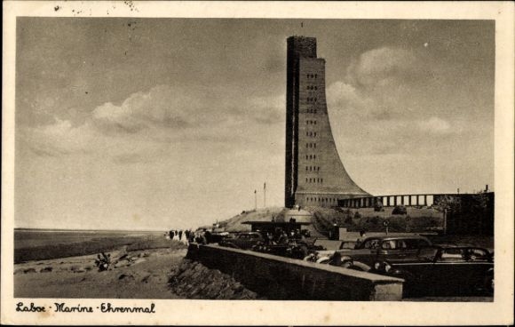 Postcard Laboe, view of the naval memorial, monument, sea, beach