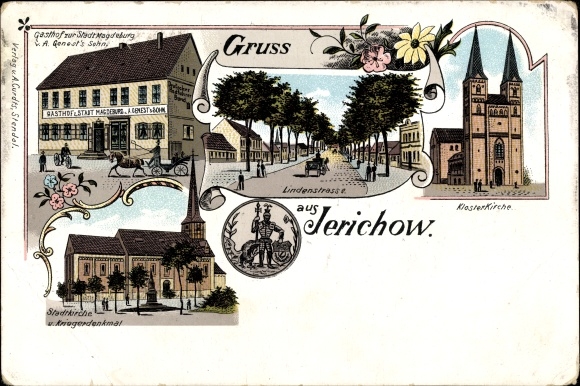 Chromo-Litho Jerichow, Gasthof Stadt Magdeburg v. A. Genest&#39;s son, monastery church, Lindenstrasse, town church