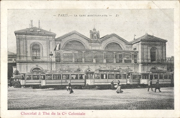 Postcard Paris XV Vaugirard, Montparnasse station, trams, Chocolat & The de la Cie Coloniale