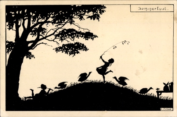 Paper cutting Postcard Forck, Elsbeth, Summer Lust, Girl with Geese, Flute Player