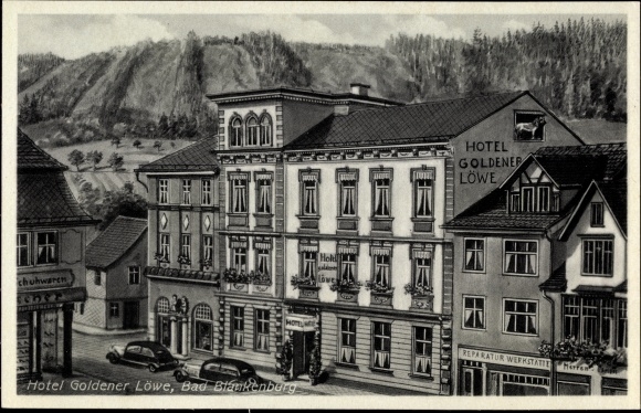 Ansichtkaart Bad Blankenburg in Thüringen, Hotel Goldener Löwe, buitenaanzicht, reparatiewerkplaats