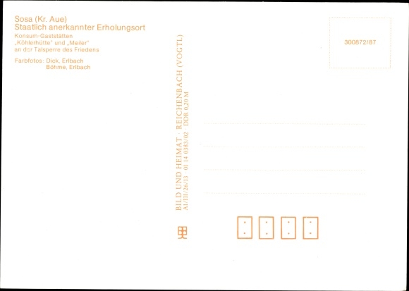Postcard Sosa Eibenstock in the Ore Mountains, consumption restaurants Kohlerhütte and Meiler