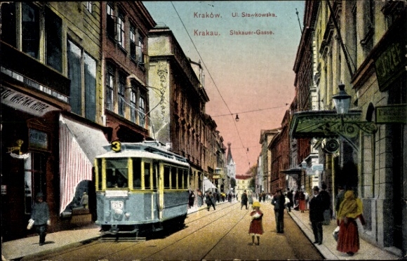 Postcard Kraków Krakow Poland, Slakauer Gasse, tram