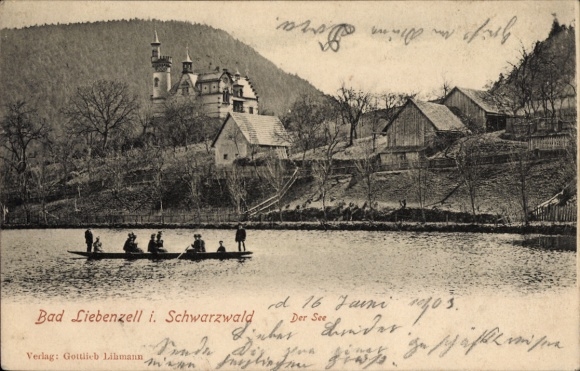 Postcard Bad Liebenzell in the Black Forest, Black Forest, manor house, boardwalk, lake, people on a raft