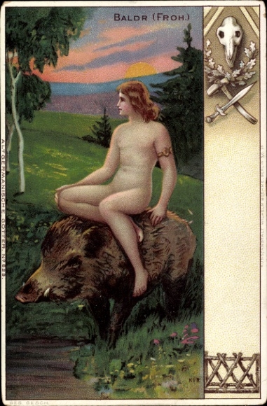 Chromo-Litho Baldr on a wild boar, Old Germanic gods, Froh