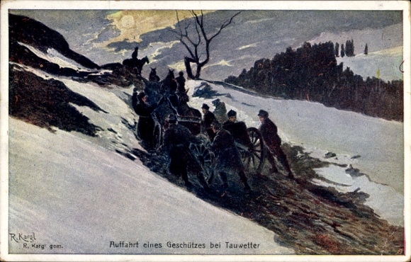 Artist Postcard Kargl, R., Mounting of a gun during thaw, Austro-Hungarian Army, WWI