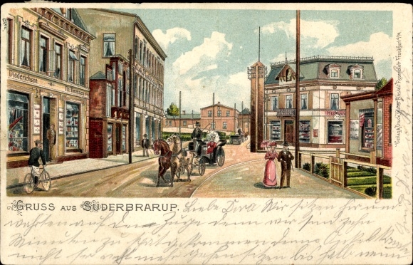 litho Süderbrarup in Visserij Schleswig Holstein, weggedeelte, koets, winkels