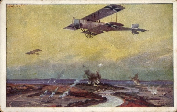 Artist Postcard Schulze, Hans Rudolf, Military biplane on reconnaissance flight on the Marne, I. WK