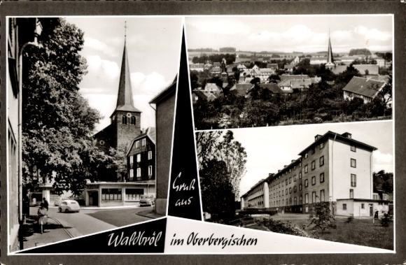 Postcard Waldbröl in the Oberbergischer Kreis, street section with view of church, house