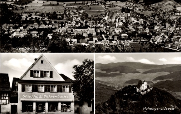 Ak Schönberg Seelbach in Baden Württemberg, Burg Hohengeroldseck, Fliegeraufnahme, Kaufhaus