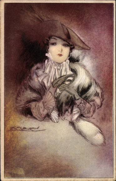 Artist Postcard Mauzan, Woman with fur stole and hat