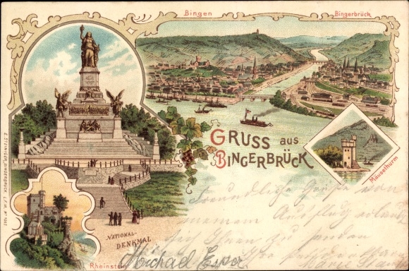 Chromo-Litho Bingen am Rhein, National Monument, Rheinstein, Mouse Tower