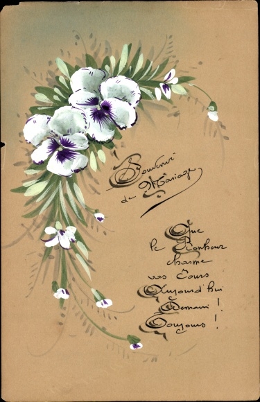 Hand-painted Postcard congratulations wedding, pansies