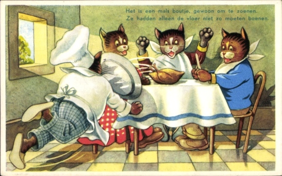 Postcard Humanized Cats, Cook Falls with Roast