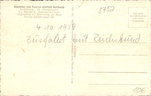 Postcard Rottenberg Hösbach in Spessart Lower Franconia, guesthouse and pension Gustav Hufgard, general view