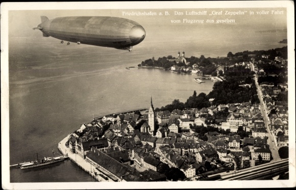 PC Friedrichshafen on Lake Constance, airship LZ 127 Graf Zeppelin at full speed, aerial photo