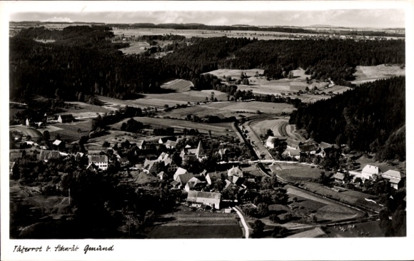 Postcard Täferrot near Schwäbisch Gmünd, aerial view of rural landscape, forests, villages